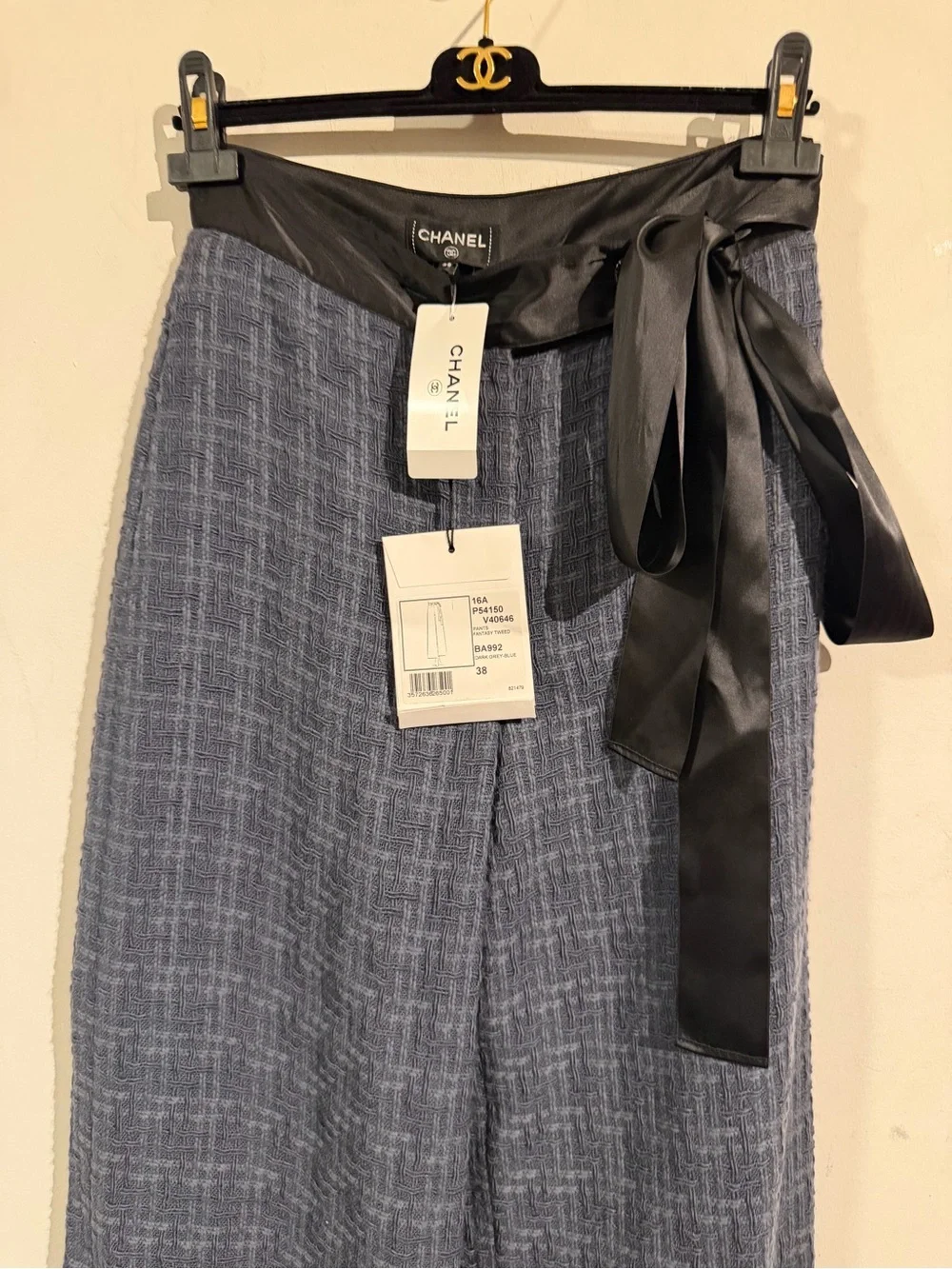 CHANEL Navy Tweed Wide-Leg Pants with Black Satin Waist Tie